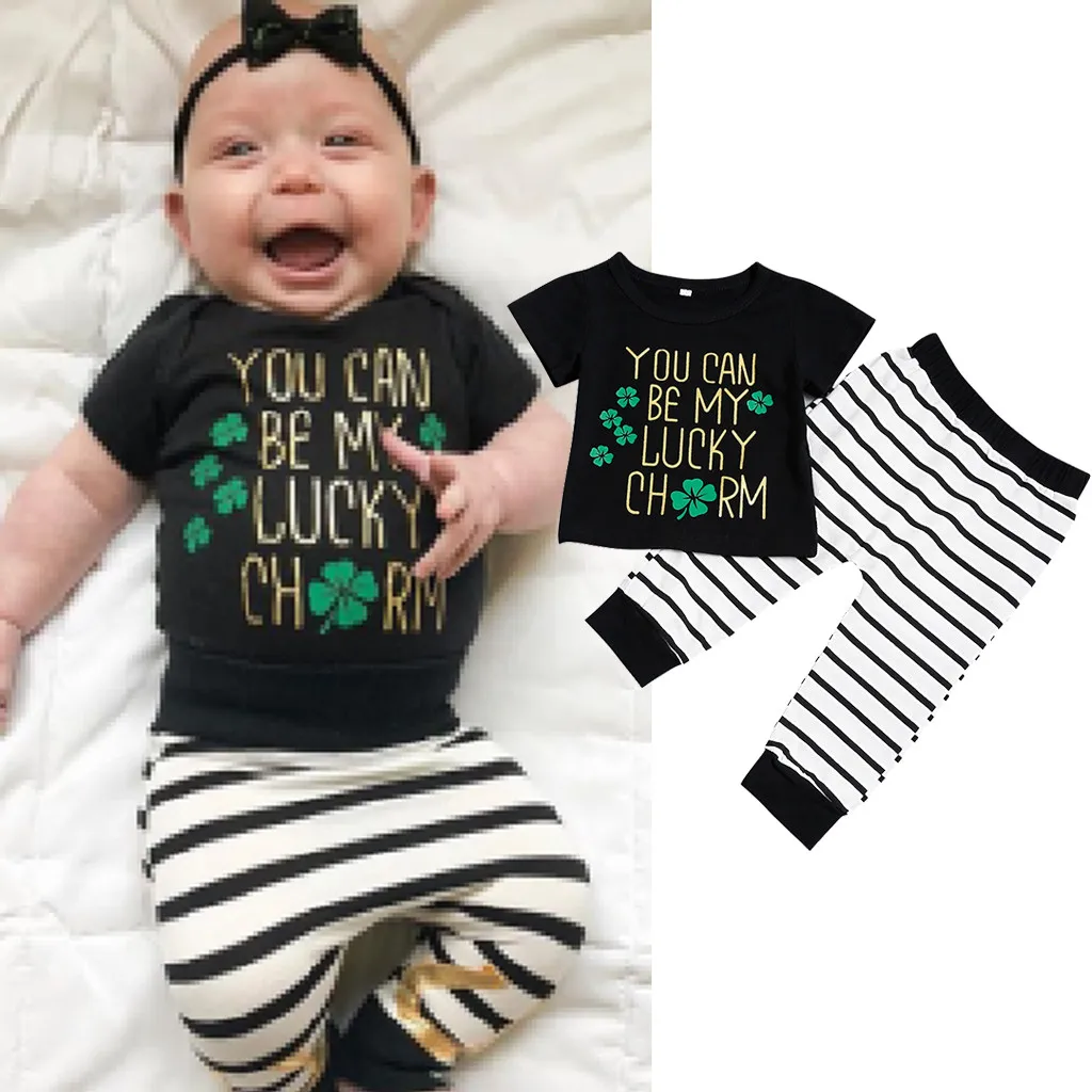 Summer Newborn Infant Baby Boys Girls St.Patrick's Day Letter Printed Short Sleeve Tops Striped Pants Outfits Set Clothes#g4 |