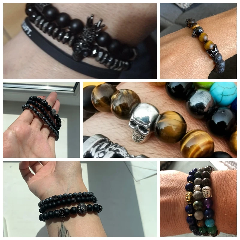 Skull Bracelets Men Women Natural Stone Tiger Eye Bracelet Malachite Labradorite 8MM Beads Stretch Bangles Punk Jewelry stone bead bracelet natural stone bracelet beaded bracelet