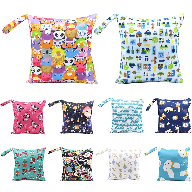 

Baby Diaper Carry Bag 28*30cm Waterproof Maternity Wet Dry Nappy Handbag Cartoon Print with Zipper Travel Knitted Flat Cloth+TPU