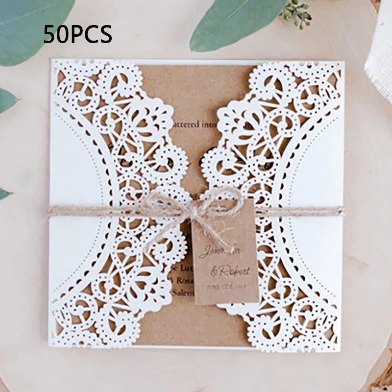 

50Pcs Wedding Invitations Cards And Tags Laser Cut Vintage Wedding Greeting Card Bridal Shower Decor Gift Event Party Supplies