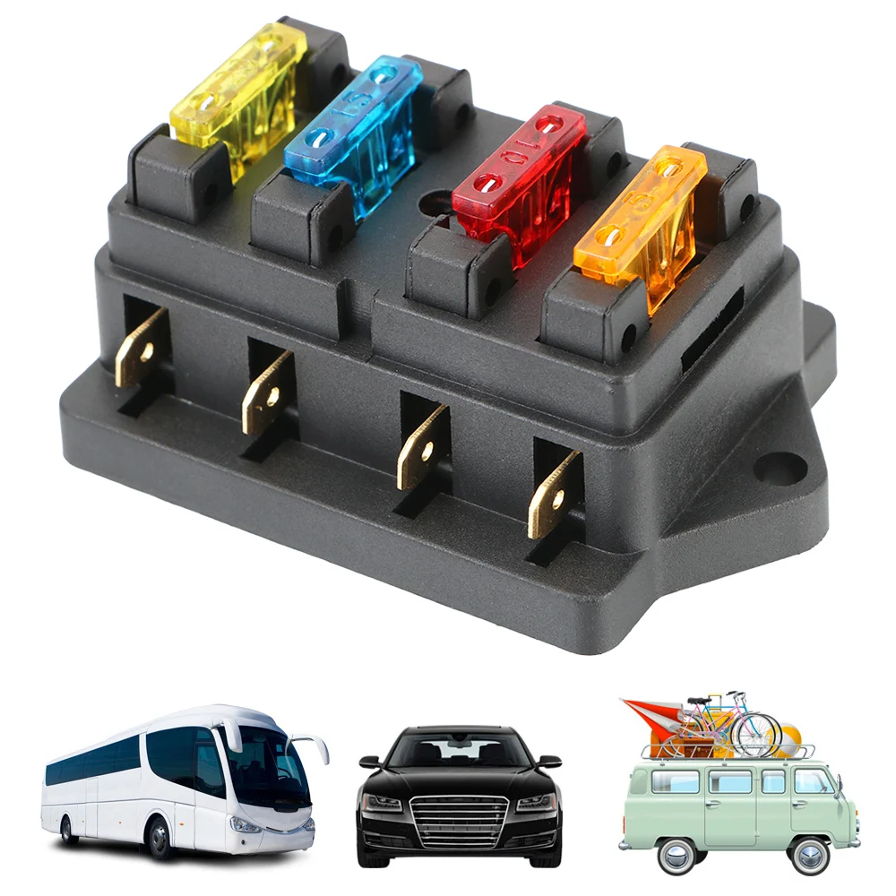 4 Ways Blade Fuse Block For Auto Car Marine Trike Plastic Cover Block & Warning Indicator Fuse Box Holder 12V/24V+4 Way Fuse