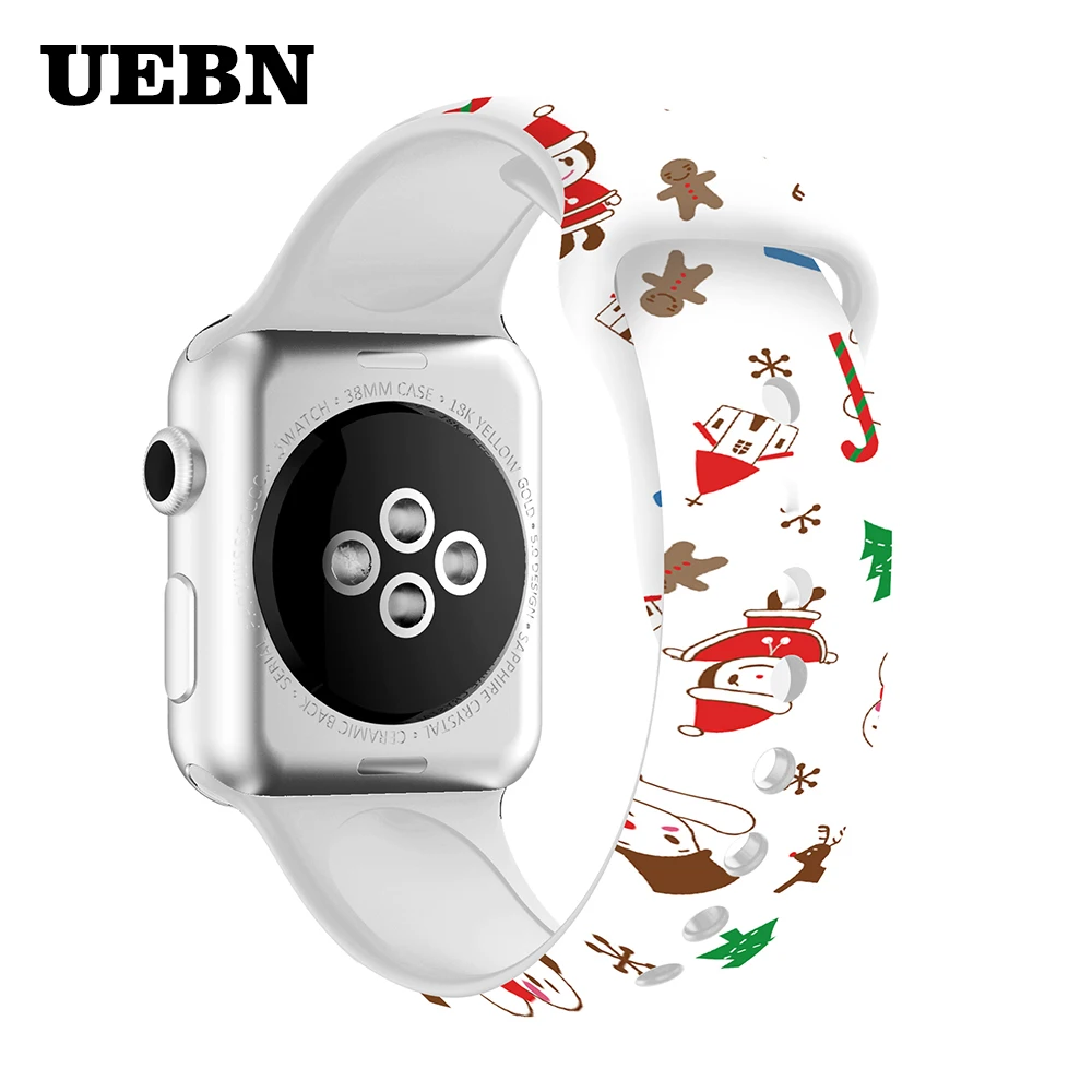 Рождественский силиконовый ремешок UEBN для apple watch 38, 42, 40, 44 мм, сменный ремешок с принтом для iwatch series 5, 4, 3, 2, 1, Ремешки для наручных часов