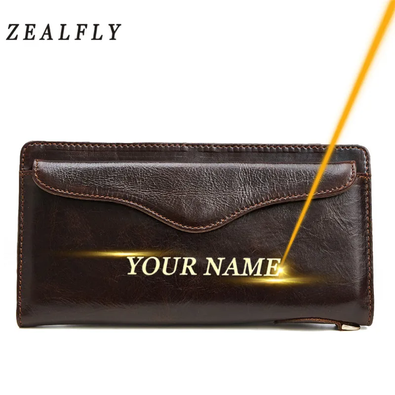 

Engraved Name Long Wallet Hasp Clutch Men Genuine Leather Purses Coin Purse ID Bank Card Holder Male Wallet Money Bag Customized