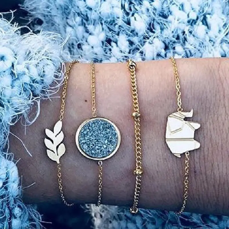 

Doreen Box Boho Chic Bracelet Set Golden Silver Color Blue Leaf Round Multi-element Bracelet Set Jewelry For Women ,1 Set