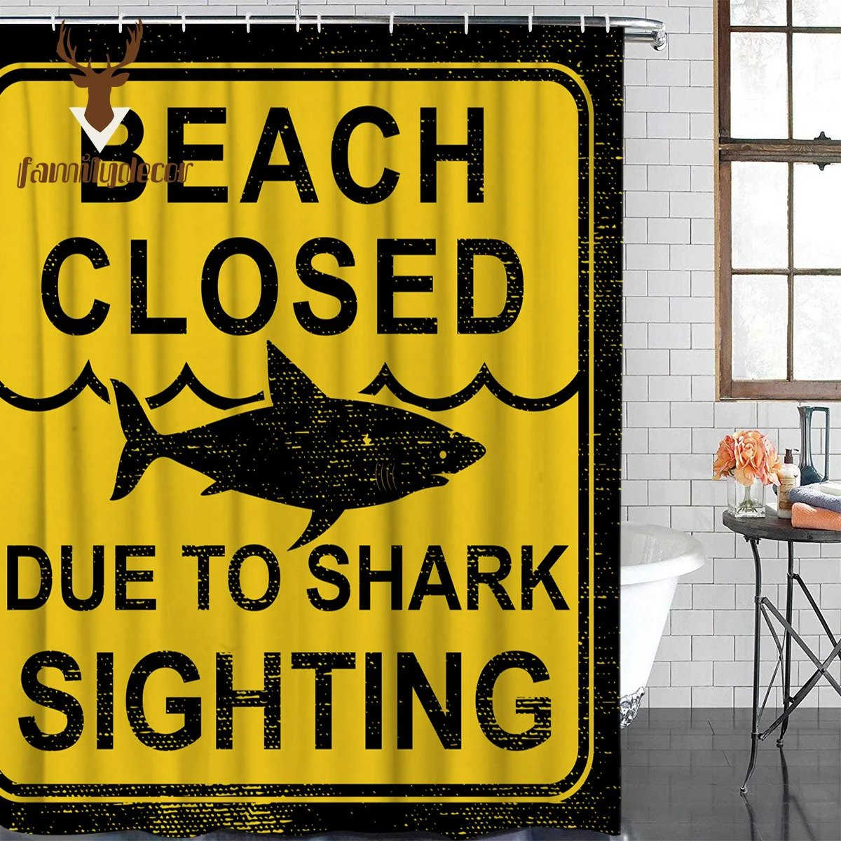 Retro Tin Logo - As Sharks Aim At Closed Beaches Pattern Shower Curtains Polyester Fabric Waterproof Bathroom Bath Curtain | Дом и сад