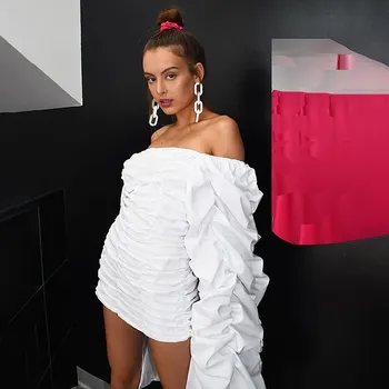 

Women Slash Neck Long Puff Sleeve Pleated Dress 2019 Autumn Sexy High Waist Bodycon Dress Summer Solid Mini Dresses
