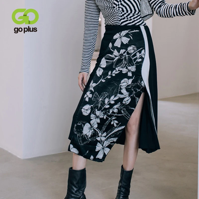 

GOPLUS Autumn Women's Skirt Vintage Print Side Split High Waist Long Skirts Womens Cloth Faldas Mujer Moda 2019 Jupe Femme C8315