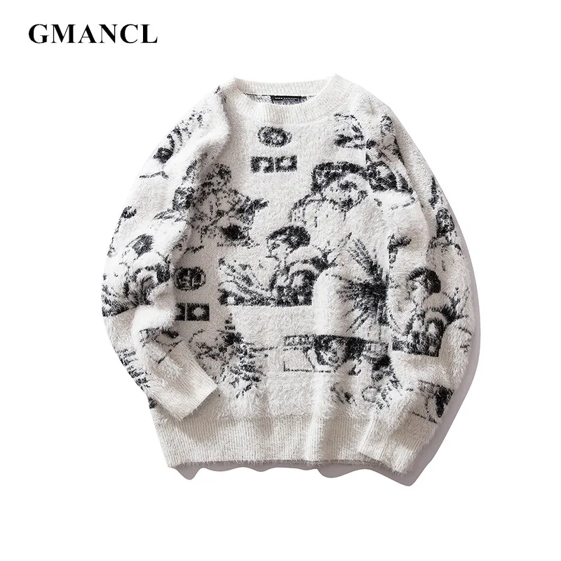

2019 Streetwear Loose Personality printing Men Warm Wool Casual Sweater Oversized good quality Pullovers Knitwear свитер мужской