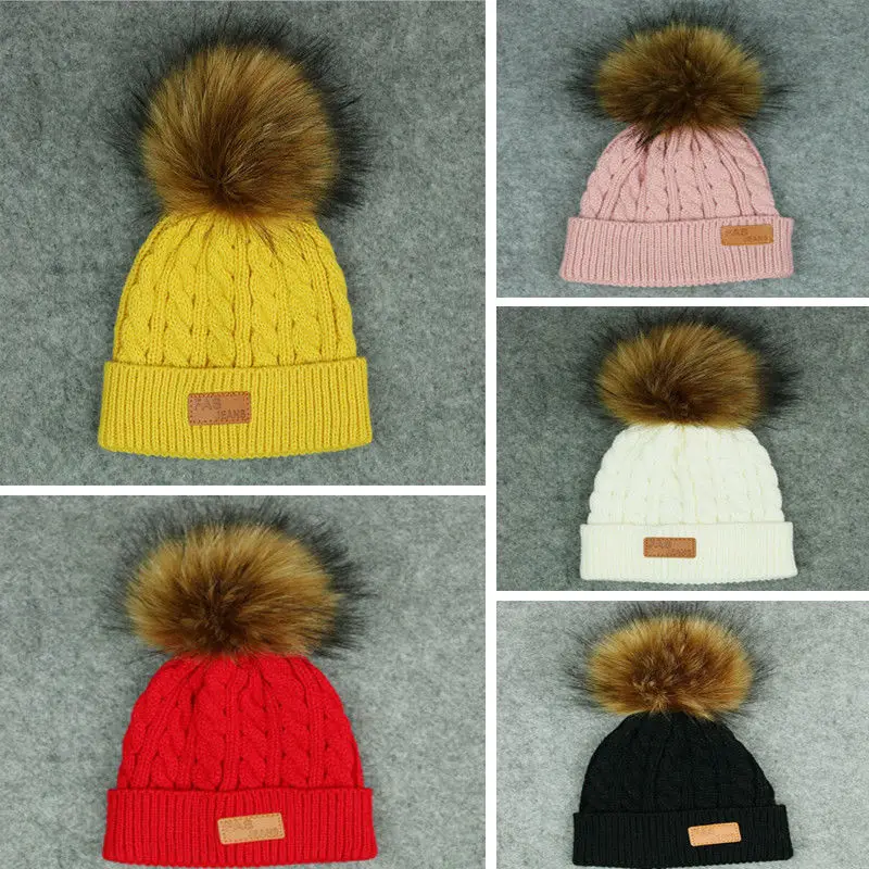 

New arrival cute solid Child Kids Warm Winter Crochet Ski Cap Wool Knit Beanie with Pompom Ball Raccoon Fur Bobble Hat for Girls