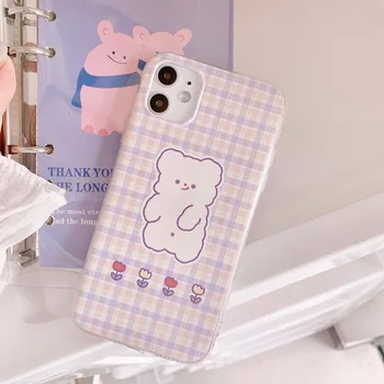 

2020 Fashion Cute Purple Plaid Bear Case For iPhone 11 11PROMAX 11PRO 7 8 7Plus 8Plus X XS XSMAX XR High Quality Cartoon Case