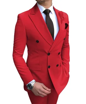 

2020 red Double-breasted Mens Suit Jacket wedding suits for men Notch Lapel Flat Slim Fit Formal Wear Outfit (Blazer+Pants)