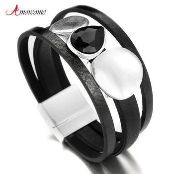 

Amorcome Kpop Black Crystal Genuine Leather Bracelets for Women 2020 Modern Punk Multilayer Wide Wrap Bracelet Female Jewelry