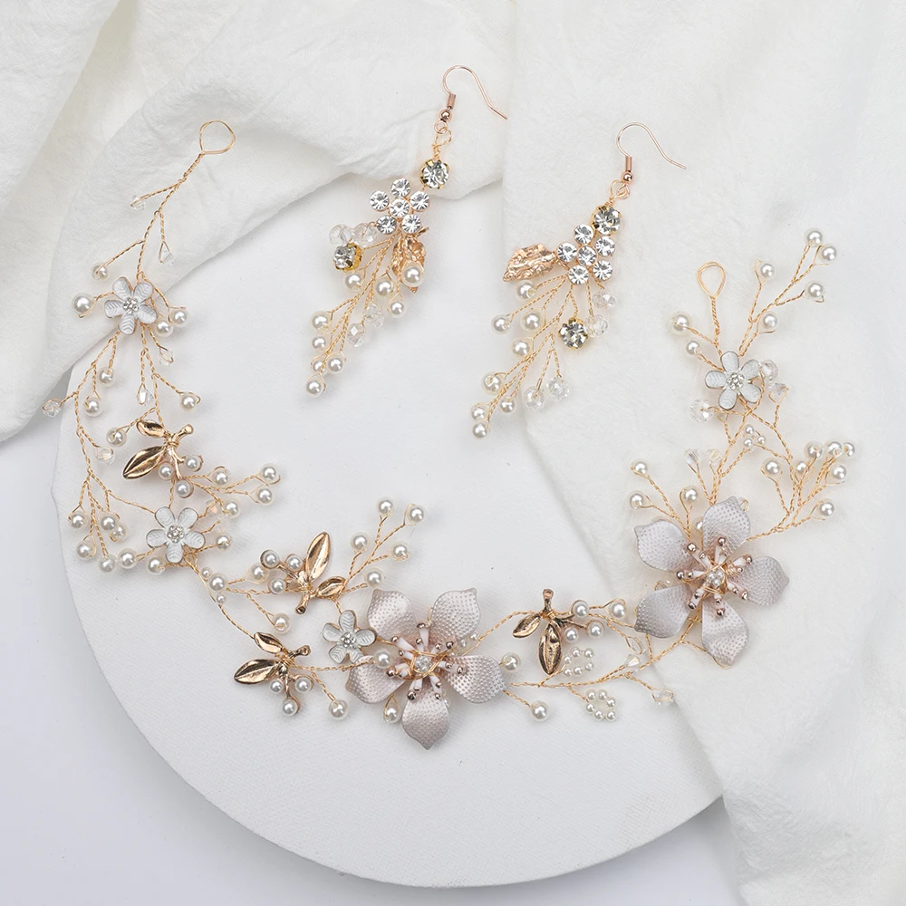 Gold Flower Crown and earrings Shiny Rhinestones Crystal Pearl women Hair Accessories Headwear Bridal Jewelry Sets