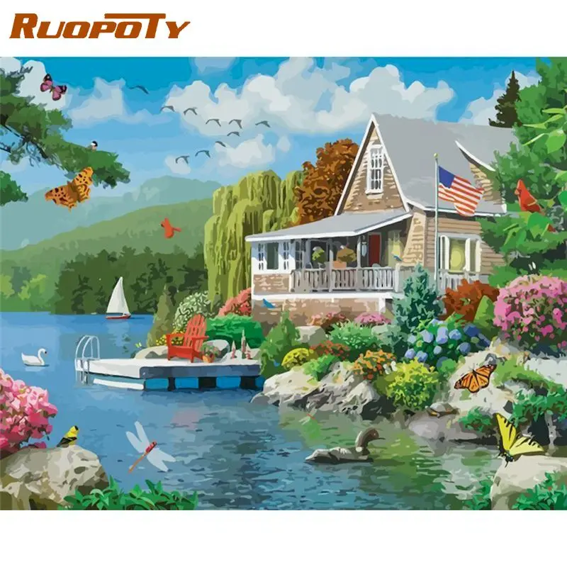 

RUOPOTY Frame Lakeside Villa Diy Painting By Numbers Landscape Paint By Number Handpainted Gift Wall Decor Frame Artwork