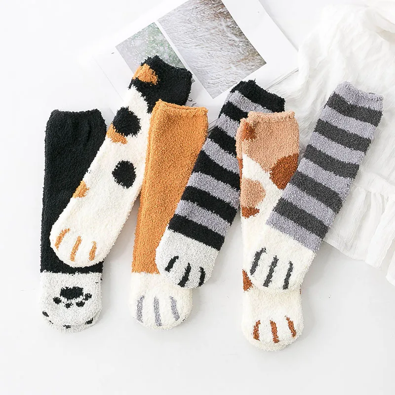 Женские зимние пушистые теплые носки-тапочки для девочек милые женские разноцветные плюшевые Чулочные изделия с рисунком кошачьих лап дамские носки