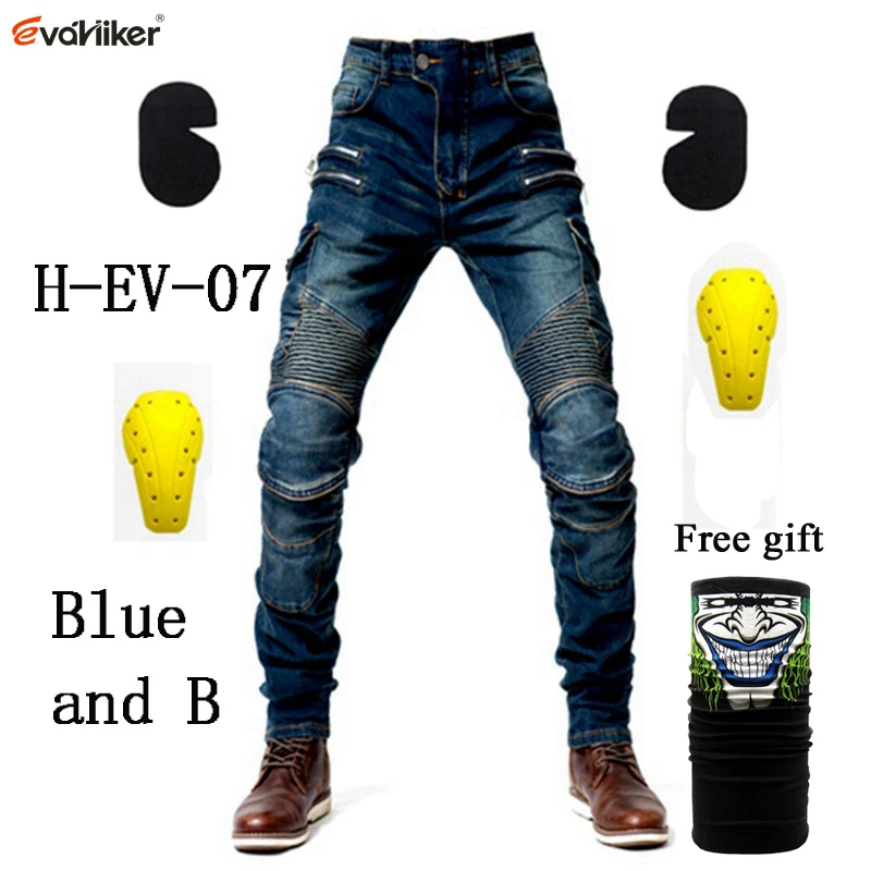 New Khaki Black Blue Motorcycle Pants Men Moto Jeans Zipper Protective Gear Motorbike Trousers Motocross Pants Moto Pant - Цвет: H-EV-07 Blue and B