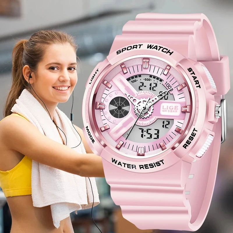 Lige 女性用ピンク腕時計 スポーツ腕時計 耐水性50m クォーツ 女性用 レディース腕時計 Aliexpress