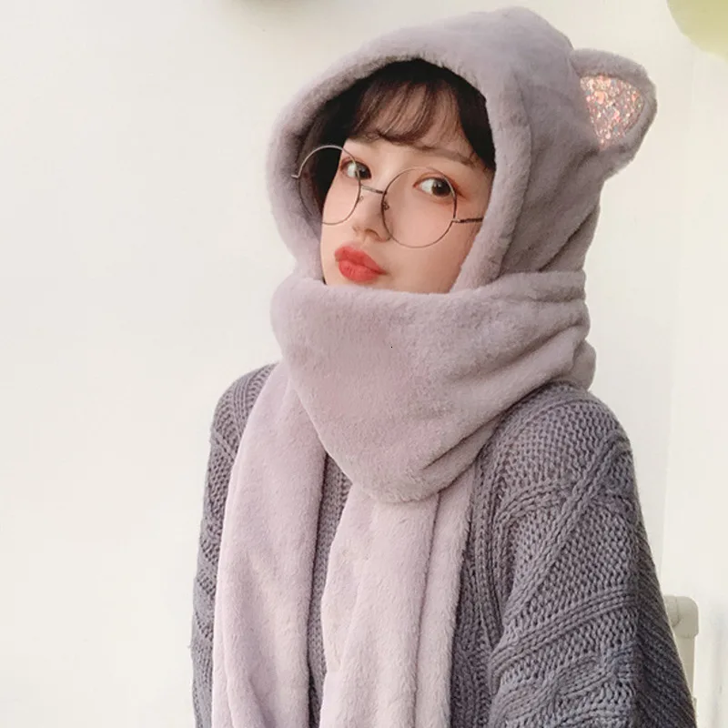 Kawaii женские наборы Зимняя кепка с кошачьими ушками с длинным шарфом перчатки Skullies Beanies плюшевые теплые мягкие наушники шапки для девочек шапки с героями мультфильмов