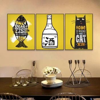 

Laeacco Canvas Painting Calligraphy 3 Panel Cartoon Wine Fish Cat Posters and Prints Wall Pictures for Living Room Kitchen Decor