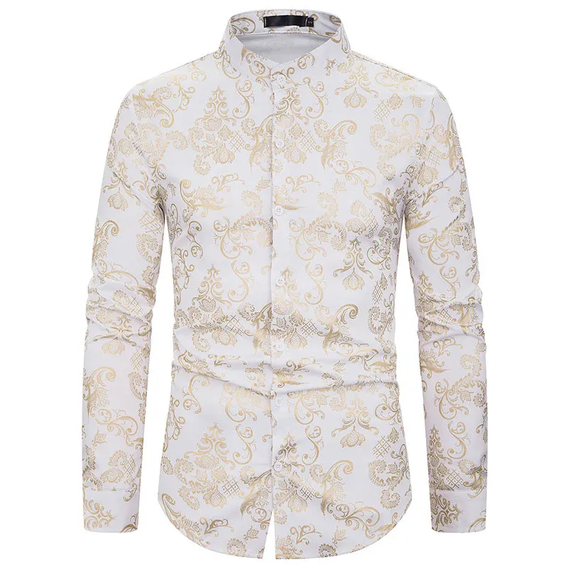 

QYZRFS Men Printed Shirt Standing Collar Fashion Long Sleeve Streetwear Fashion Social Male Clothing Casual Nightclub Hip Hop