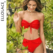 Ellolace Ruffles Bandeau Bikini Women's Swimsuit Mujer Swimwear Women Fashion Bathing Suit Yellow Beach Wear Bathers Wholesale