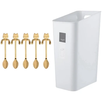 

5 Pcs Mini Cat Coffee Spoon,Stainless Steel Hanging Cup (5 Gold Mini Cat) & 1x North European Trash Can