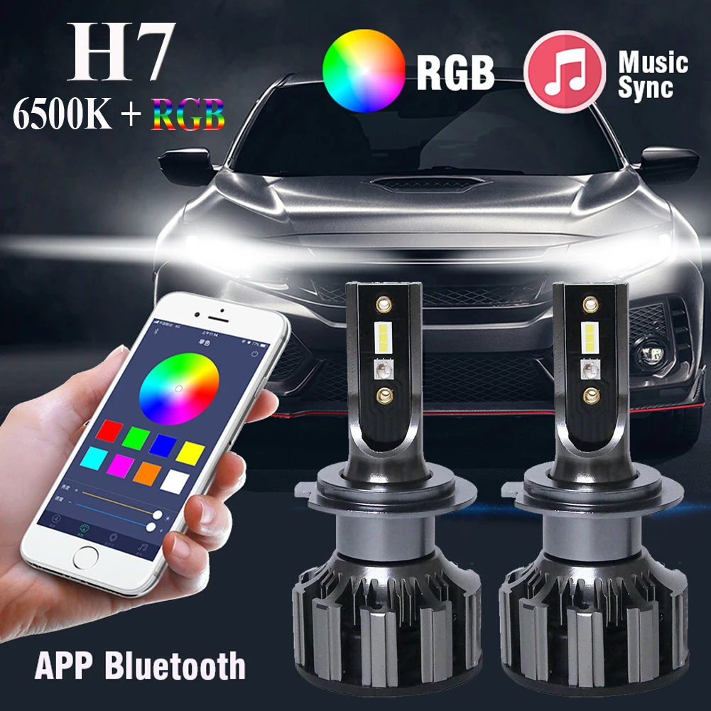 

H7 Car LED RGB Headlight Kit APP Bluetooth Control Fog Lights Bulbs Lamp Module Car Accessories LED light tool