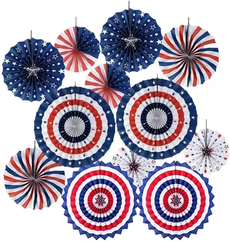 

12PCS 4th Fourth of July Patriotic Ddecorations Kit-Red White Blue Hanging Paper Fans for American Independence Day Party Decor