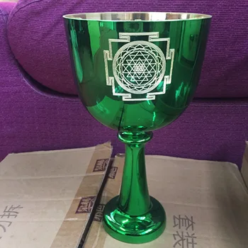 

4th octave F note crystal singing chalice shinny green color with "sri yantra" design, 432HZ