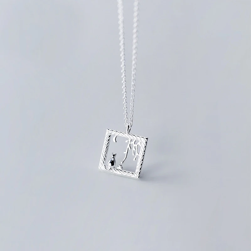 

MloveAcc Necklace Jewelry for Women Square Shape Pendant Cat Story Hot Genuine 925 Sterling Silver Gift Anniversary Party