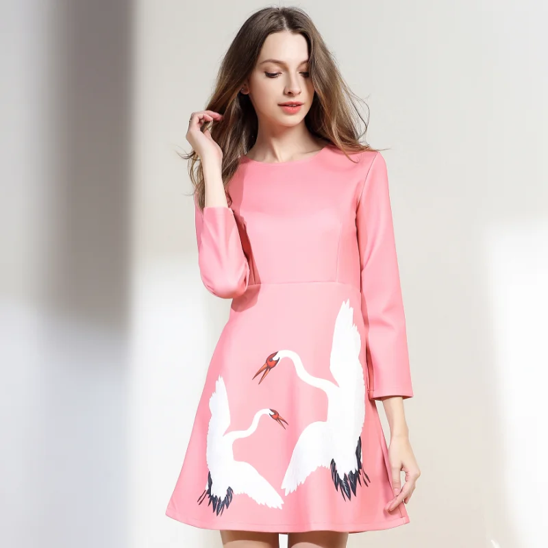 2019 Nieuwe Lange Mouw Kraan Afdrukken Backing A-lijn Slim Fit Mode Roze Temperament Jurk 2019 Nieuwe Lange Mouw Kraan Afdrukken Backing A-lijn Slim Fit Mode Roze Temperament Jurk
