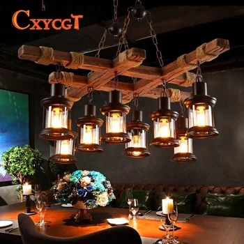 

Industrial Antique Wooden 8 Lamp Retro Chandelier for Bar Cafe Villa Decoration Lighting Fixtures E27