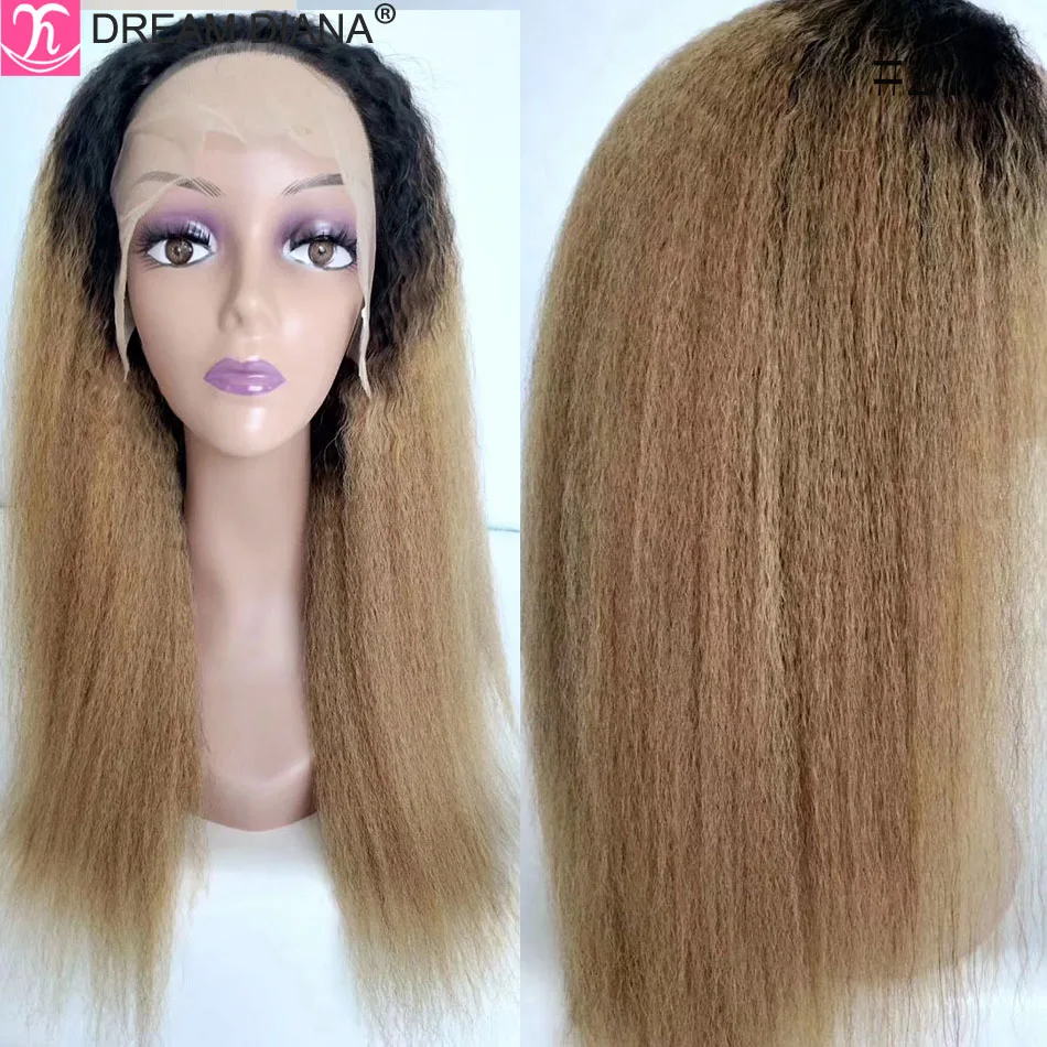 

DreamDiana Remy Kinky Straight Wig 8-28 150 Density Malaysian Wigs 13x4 Lace Front Wig Human Hair Ombre Human Hair Wig Low Ratio