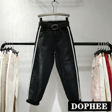 Новинка, осенние и зимние черные джинсы с высокой талией, женские свободные джинсовые шаровары, женские студенческие повседневные длинные штаны