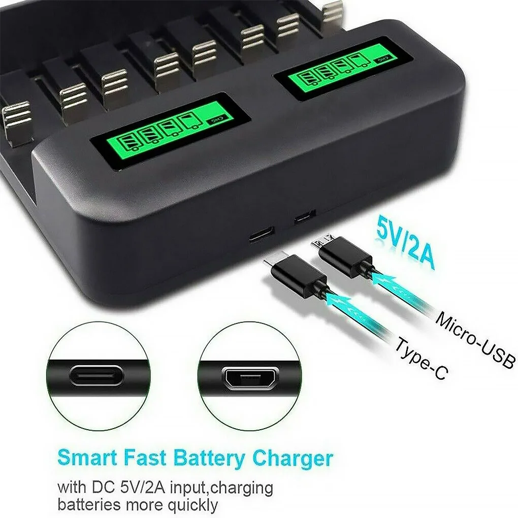 Caricabatterie a 8 slot con alimentazione USB AA/AAA/C/D Caricabatterie ricaricabile con display LCD 2021 Nuovi arrivi_voghion.com