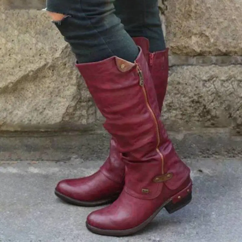 

Fashion Winter Autumn Shoes Woman Knee-High Boots With Buckle Flat Heel Boots Female Motorcycle Pointed Toe Leather Boots