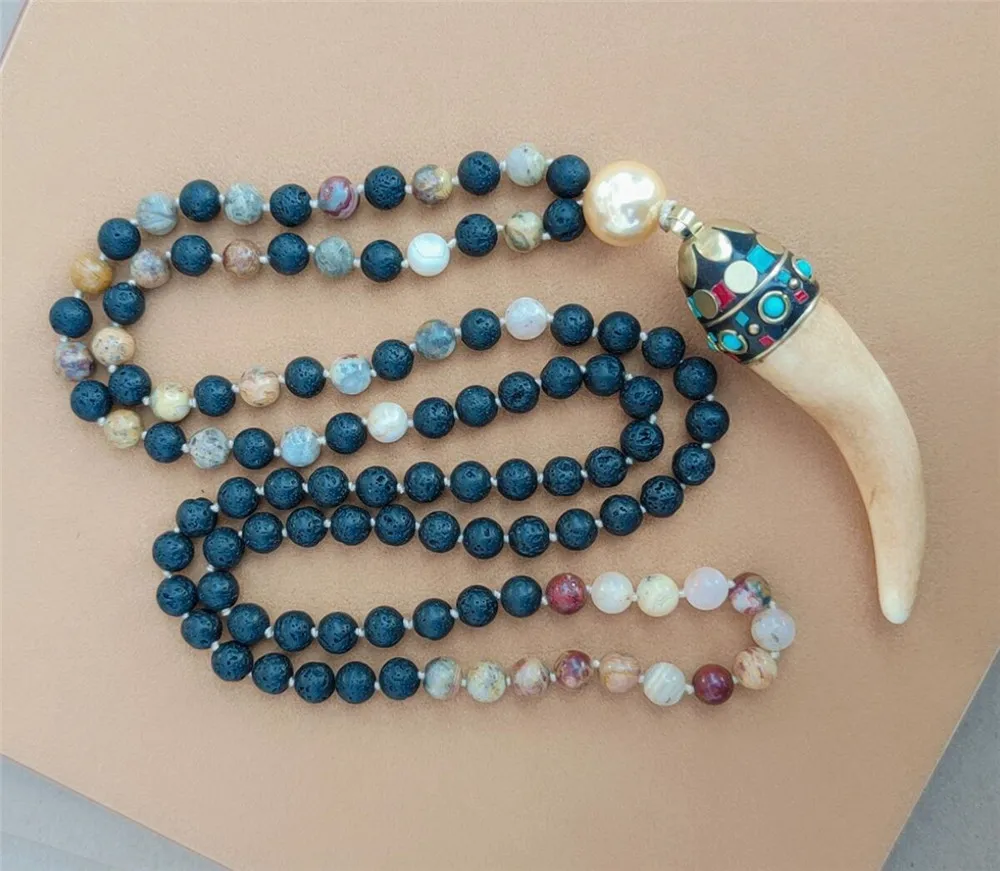 8mm Volcanic Stone 108 Beads Tassel Knotted Necklace Buddhist Prayer Yoga Lucky Cuff Handmade Healing Bless Wrist Spirituality