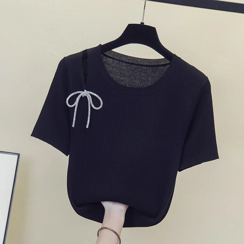 

Женский свитер с лацканами, однотонный Свободный Повседневный вязаный пуловер с короткими рукавами, одежда для женщин на лето 2022