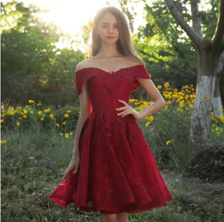 

Red Sexy A-Line Prom Dresses With Off The Shoulder Lace Knee Length Cocktail Custom Made robe de soiree