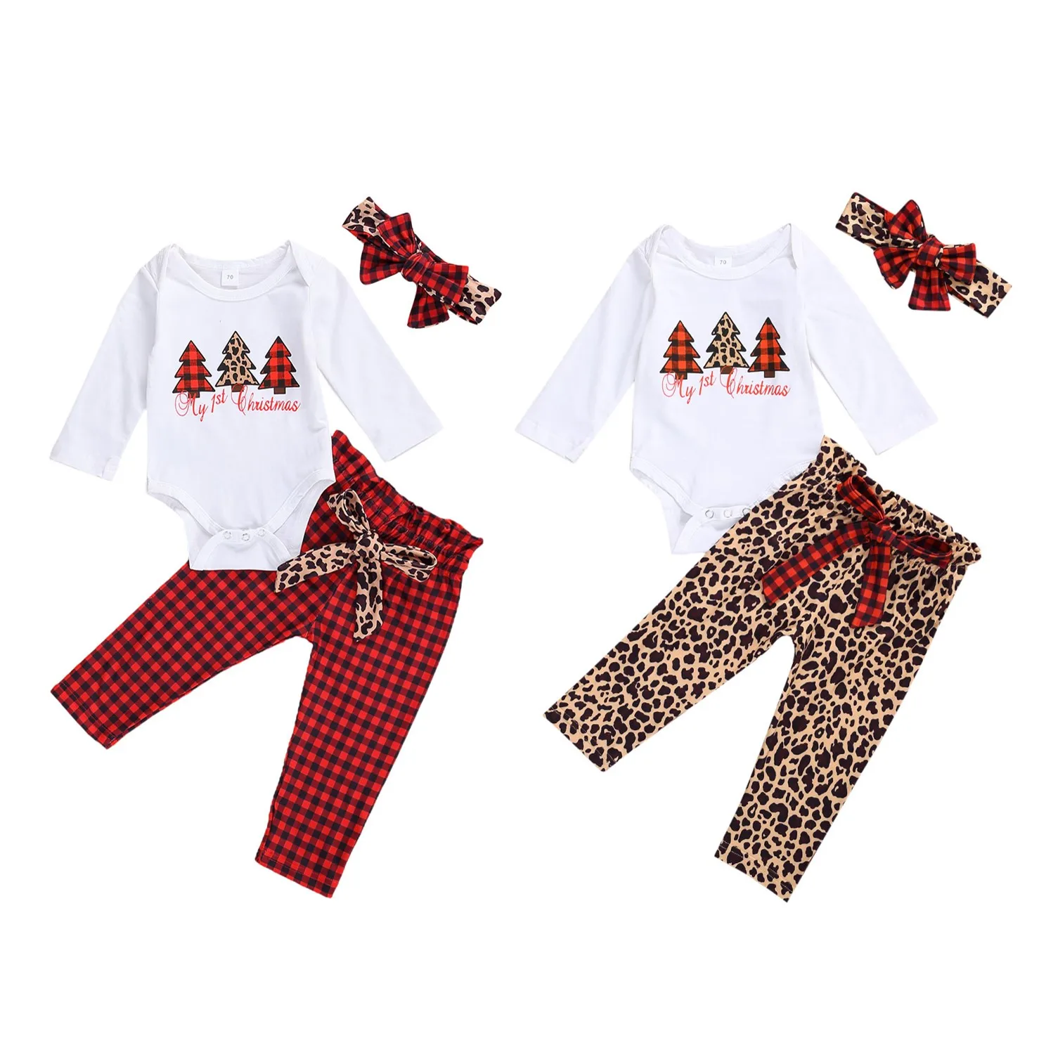 

Pudcoco 2020 Christmas Newborn Baby Girls 3Pcs Set Christmas Trees Long Sleeve Bodysuit+Plaid/Leopard Print Long Pants+Headband