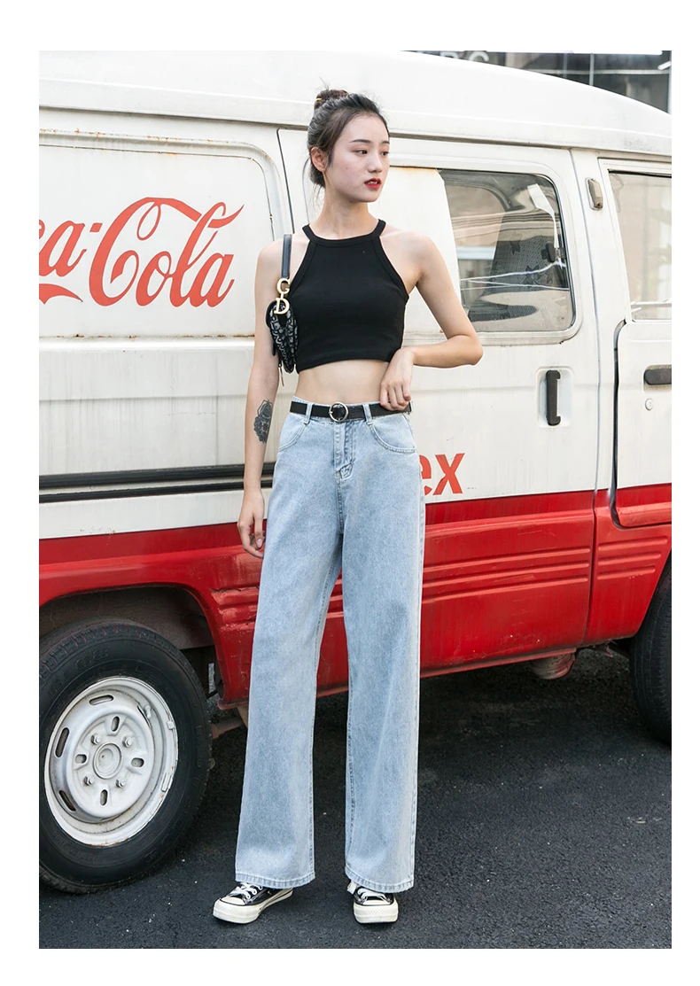 Женские джинсы с высокой талией, свободные, широкие, прямые, элегантные, длинные брюки, корейский стиль, джинсовые, одноцветные, для женщин, подходят ко всему, уличная одежда