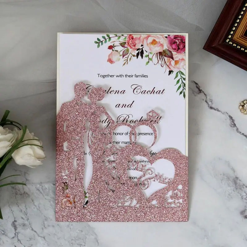  10pcs/set Glitter Laser Cut Ring Wedding Invitations Card Wedding Party Supplies Y1AB - 4.00029E+12