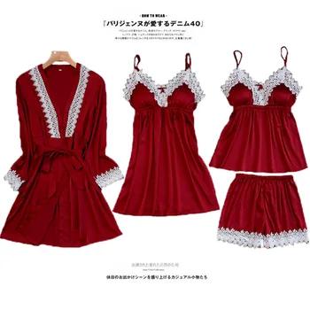

Dark Red Womens 4PC Strap Top Pants Suit Pajamas Sleepwear Sets Nightwear Sexy Kimono Robe Bath Gown Bathrobe M-XL