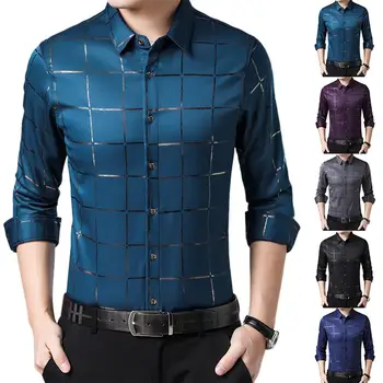 

Plus Size Men Casual Long Sleeve Turn Down Collar Checks Buttons Slim Shirt Turn Down Collar Checks Buttons Slim Shirt