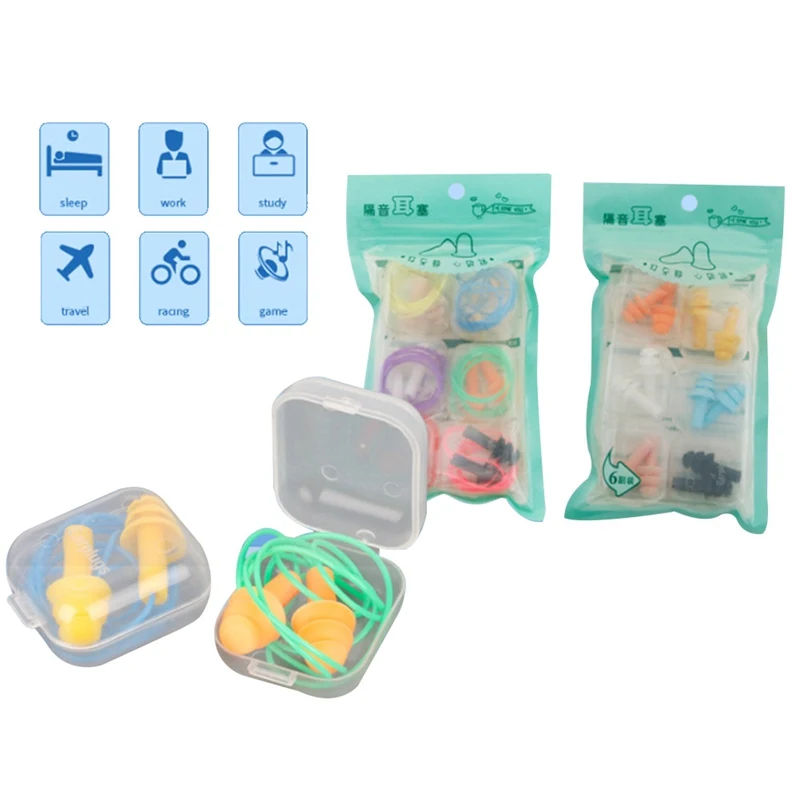 

6Pcs/bag Soft Silicone Corded Ear Plugs ears Protector Reusable Hearing Protection Noise Reduction Earplugs Earmuff