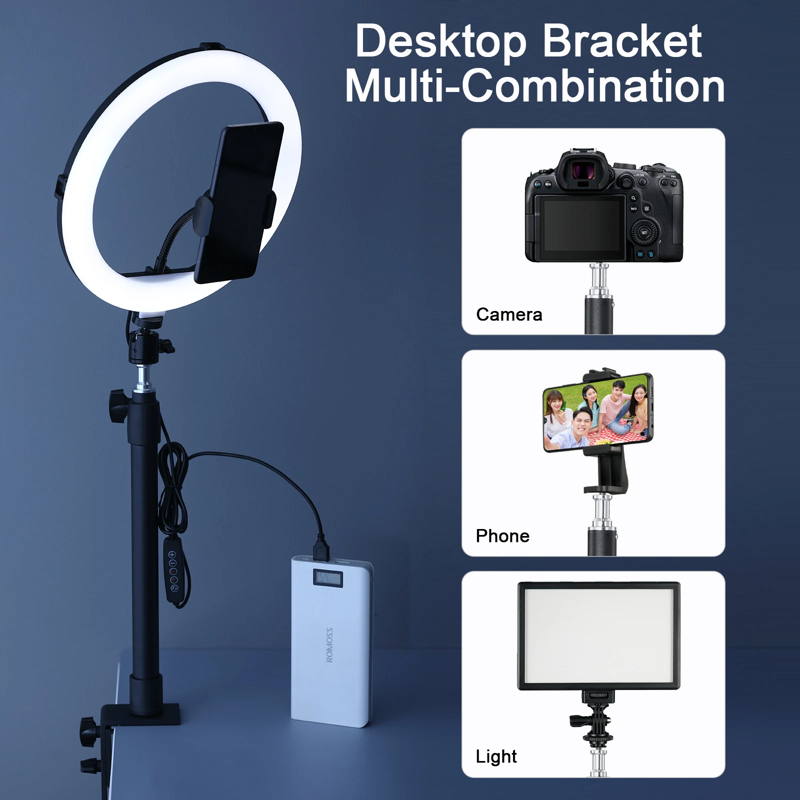 Tabletop Light Stand Clip Stand 1/4 Screw LED Ring Light Adjustable 32-52cm Live Streaming Photo Video