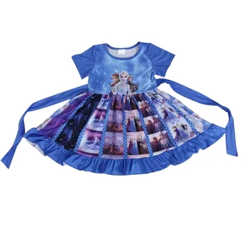 

Baby girls cartoon print movie design dresses fashion short sleeve belt sash RTS stock twirl big sweep patchwork knee length