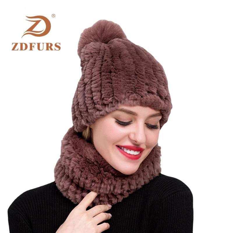 ZDFURS* Зима настоящий мех кролика женские наборы шарф шапка удобные теплые винтажные меховые повседневные женские шапки шарфы Новинка