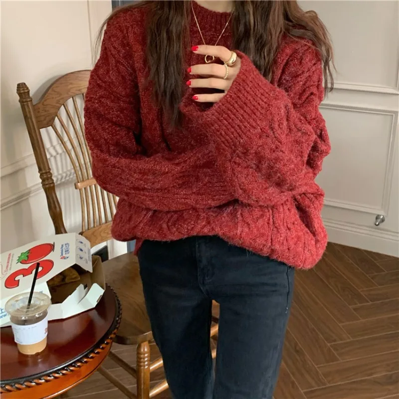 

Sweaters Winter Korean-style Loose Outerwear Women Crew Neck knit Pullover Sweater Female Autumn Vintage Red Thickened Knitwear