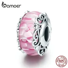 Bamoer Европейский Винтажный Узор Стеклянные бусины для женщин Изготовление ювелирных изделий 925 Серебряный Розовый муранский Шарм для серебряного браслета SCC1283